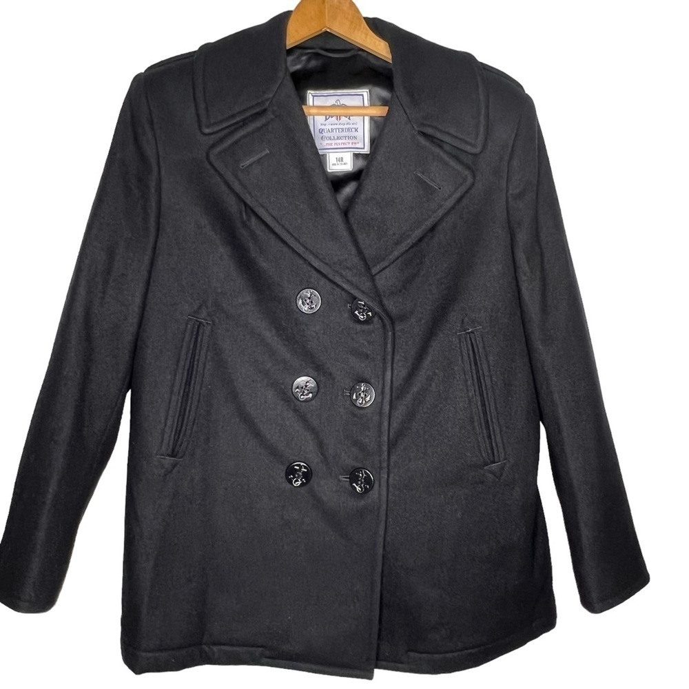 DSCP Quarterdeck Black Wool Navy Pea Coat Overcoat Size 14R US Enlisted Military